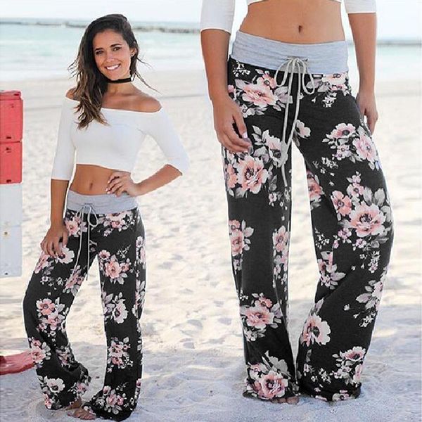 

spring summer women long pants loose wide leg floral print drawstring sweatpants female plus size pants #f, Black;white