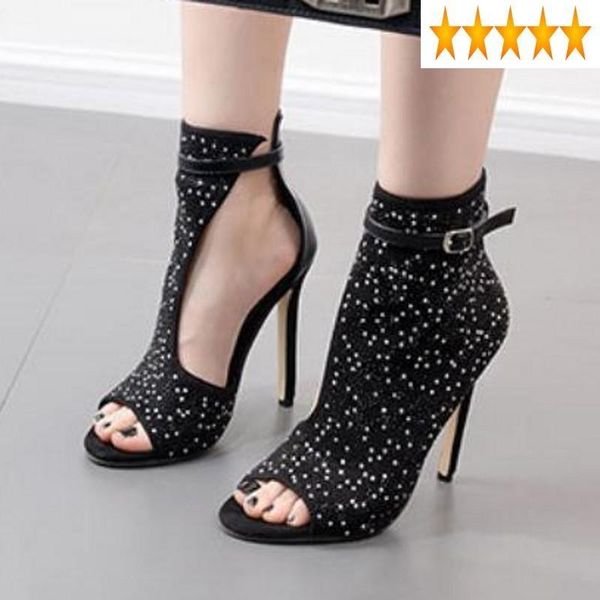

rhinestone women thin high heels rome sandals fashion peep toe buckle summer shoes plus size 43 sandales femme 2021, Black