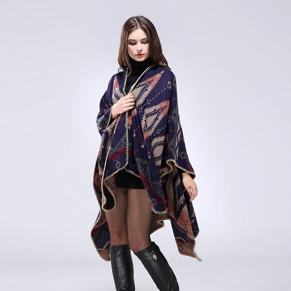 

european fashion diamond geometric women scarf cashmere imitation ladies long cape soft ladies shawl wraps lady poncho, Blue;gray