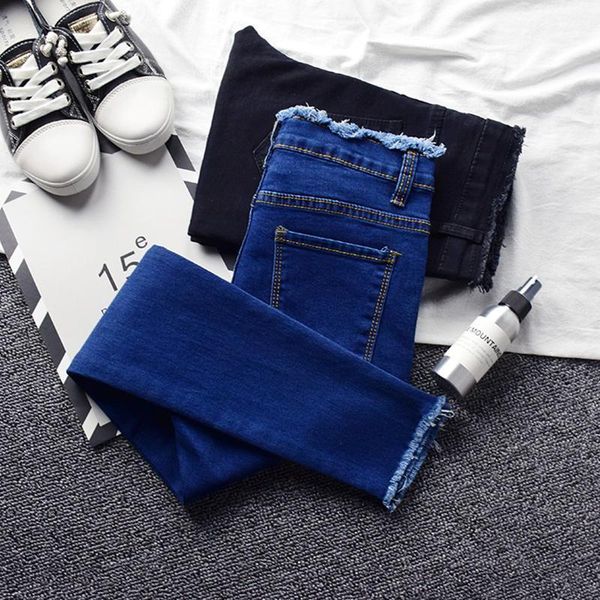 

2020 spring skinny pencil jeans for women summer new high waist pencil strech denim ankle length pants tassel jeans1, Blue