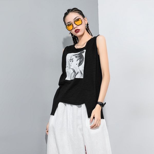 

street 2020 summer new round neck pullover personality bf fashion t-shirt irregular sleeveless 8337, Black;gray