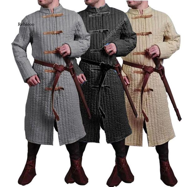 

men's wool & blends men strap jacket viking warrior knights costume doublet leather armor trench aketon outfit coat for adult, Black