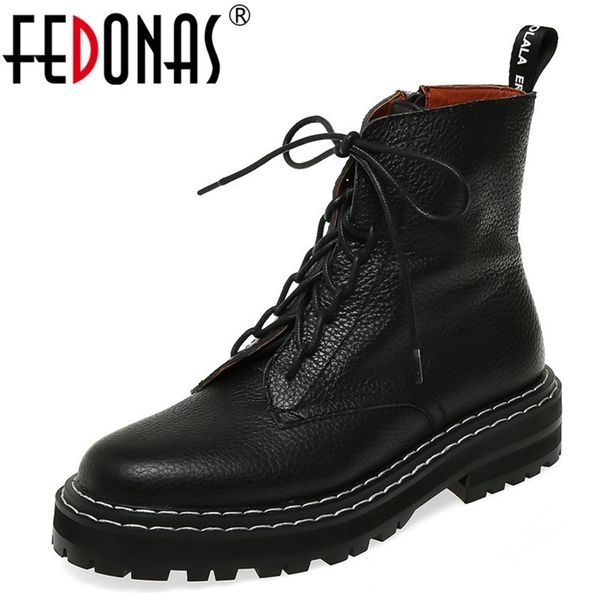 

fedonas 2020 autumn winter quality genuine leather punk short boots lace up high heels women ankle boots party shoes woman y200723, Black