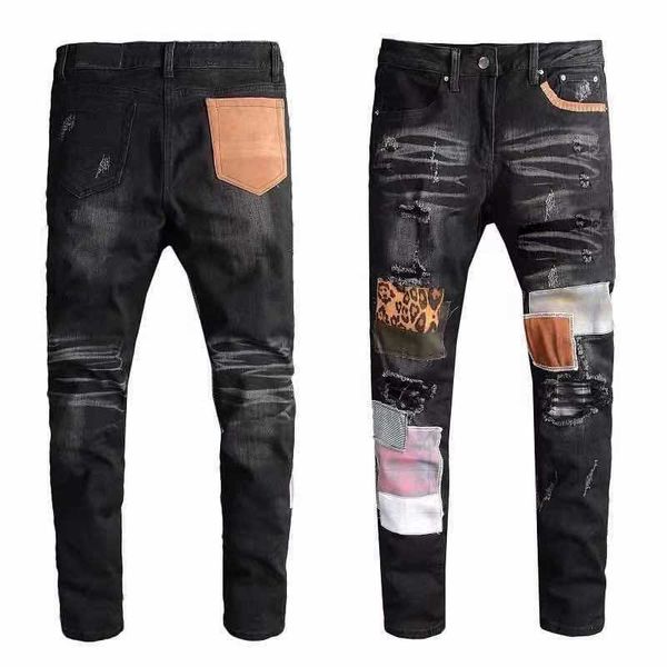 

2021 hip-hop high-street fashion brand jeans retro torn fold stitching men's designer motorcycle riding slim-fitting casual pants 28-40, Blue