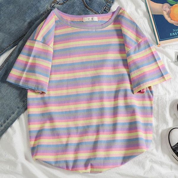 

harajuku hip hop street rainbow half oversized female cotton stripe women's t-shirt short sleeve kawaii1, White