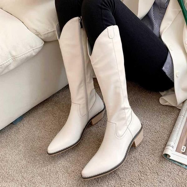 

2020 new korean style cowboy boots long tube retro high heels pointed toe women's boots1, Black