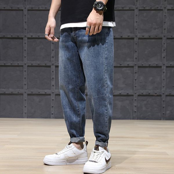 

2021 new japanese vintage fashion newly designer loose fit ripped harem pants streetwear hip hop jeans men wide leg trousers gxvf, Blue