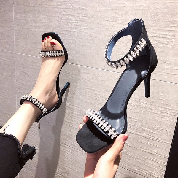 

high heel sandals women shoe lady rhinestone chain designer shoes stilettos glitter shimmer wedding party occupation sandal big size, Black