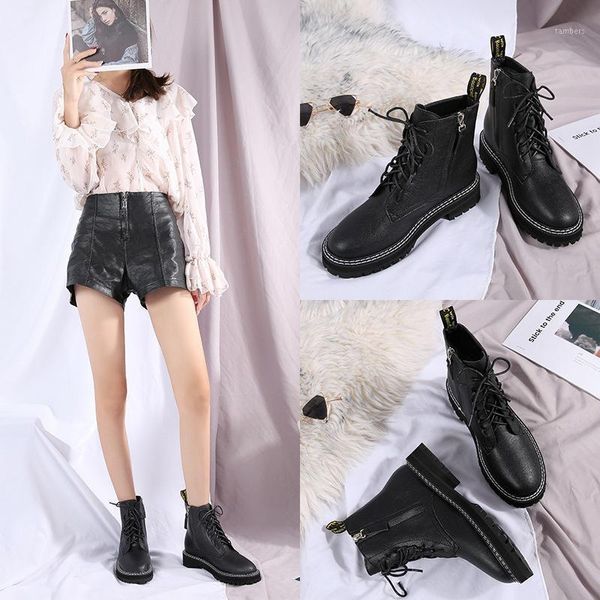 

classic short booties creepers non-slip thick heel lace-up motorcycle boots plush warm zip knight botas big size 43 shoes 20211, Black