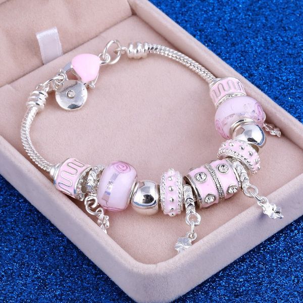 Venda quente estilo Natal Pulseira Rosa Rosa Murano Coração Lobster Clasp azul Cristal CZ Charme Bead Bead Fashion Jewelry Acessórios Chamilia Europeu 20cm