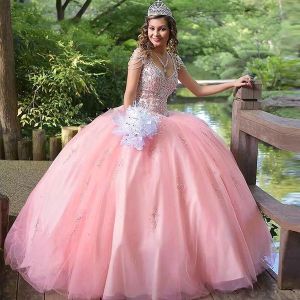 

pink quinceanera dresses 2021 beaded v-neck beading sweet 15 16 dress puffy skirt satin ball gown prom dress birthday party gowns, Blue;red