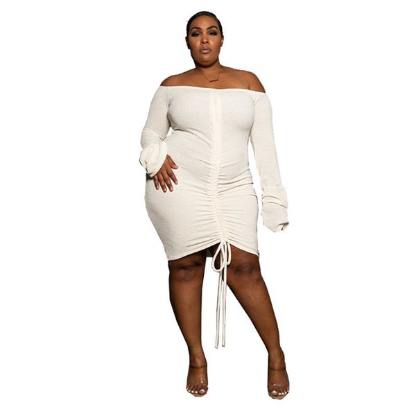 

женщины плюс размер вязаное платье drawstring stateded slash шеи с длинным рукавом платья дамы сплошной цвет одежды, Black;gray