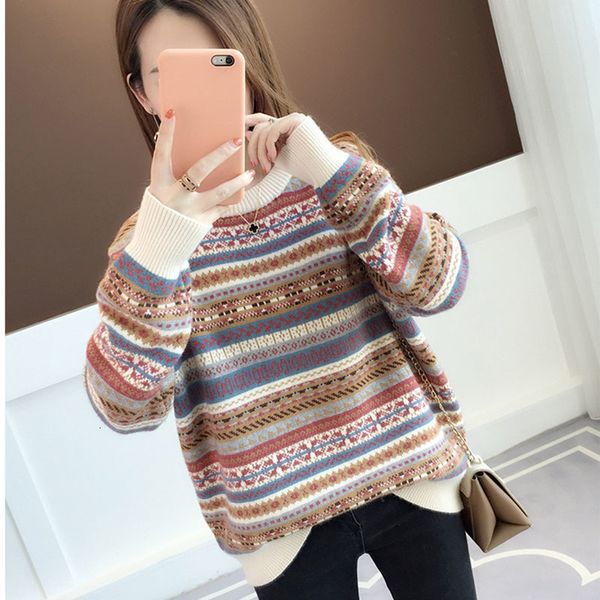 

striped knitted women autumn pullovers female loose casual o-neck knitting pull jumper sweater long sleeve pullover femme t200910, White;black