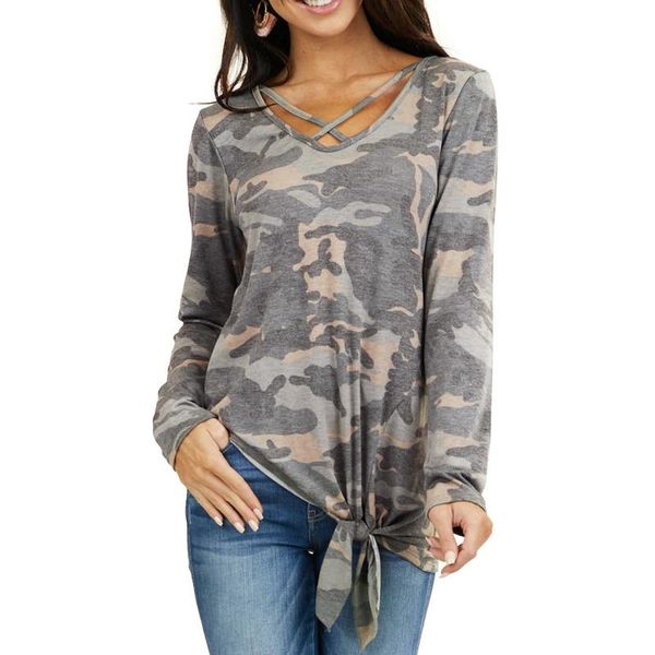 

women's t-shirt autumn long sleeve women camouflage printed v-neck casual tee 2021 female loose t-shirts, White