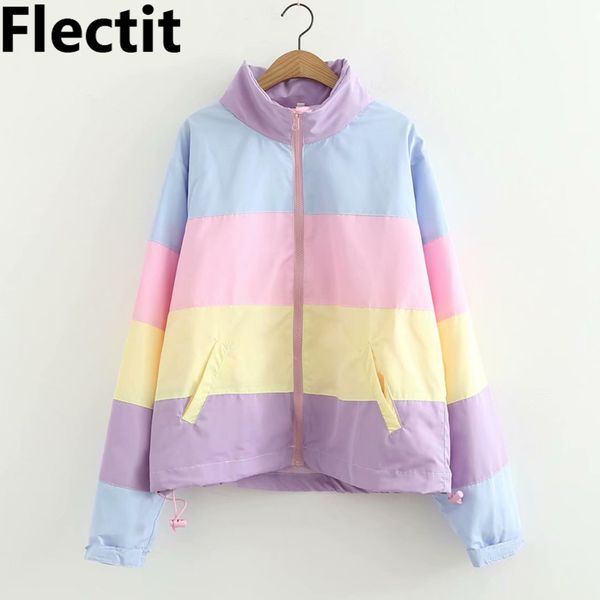 Flectit Frauen Pastell Regenbogen Bomberjacke Niedliche Farbblock Duster Souvenir Sukajan Windjacke Mädchen Harajuku Pastel Goth * 201028