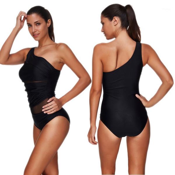 

women one shoulder swimsuit thong one piece bikini 2019 mujer black solid color brazilian high cut swimwear lace swim suit1, White;black
