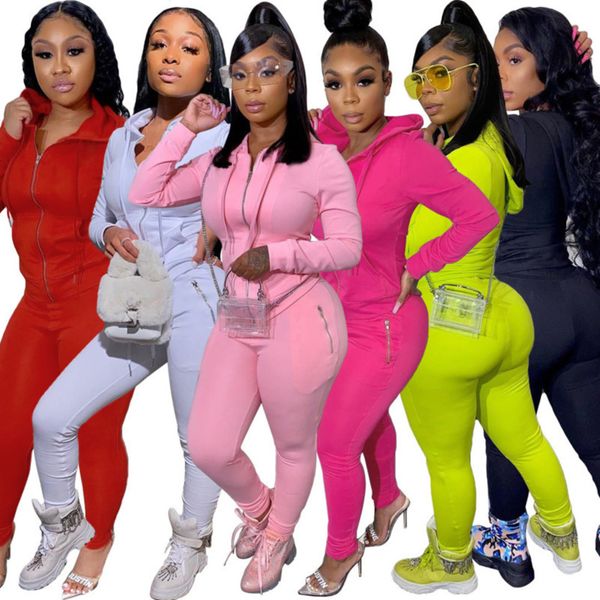 

women two piece outfits international station solid color suit personalized zipper hooded trousers tracksuits p887, White