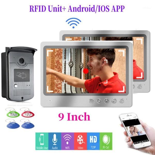 

video door phones app remote unlock intercom 9 inch monitor wifi phone doorbell fingerprint rfid camera kit+2x sd record screen1