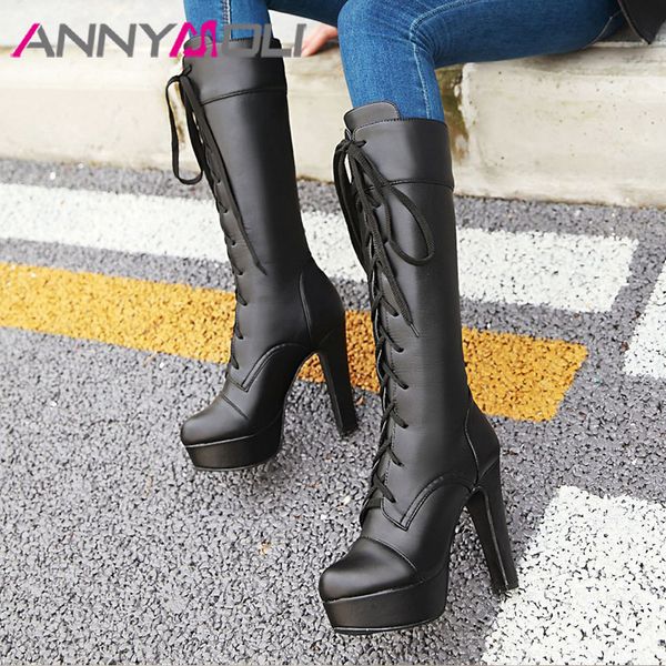 

annymoli winter knee high boots women lace up platform block heels long boots fashion extreme high heel shoes ladies big size 43 lj201130, Black