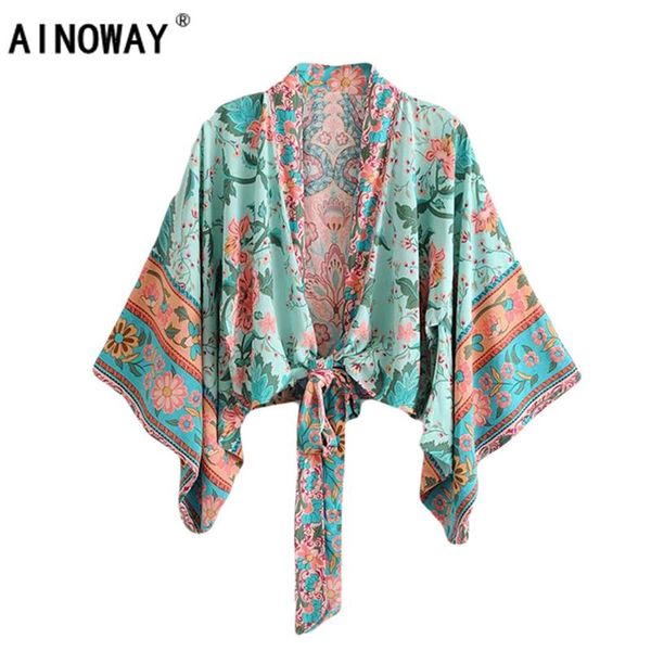 

boho vintage floral print sashes short kimono women 2020 new fashion v neck batwing sleeves ladies blouses casual blusas, White