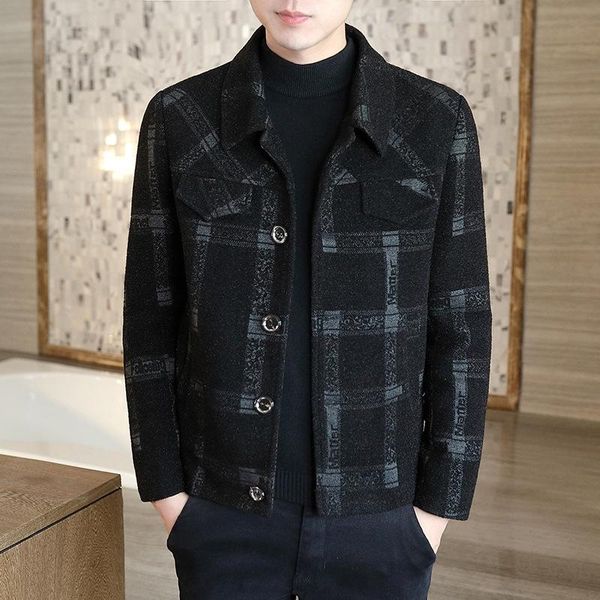 

20 teen fashion plaid woolen coat coat men's short youth fashion preppy style, Black