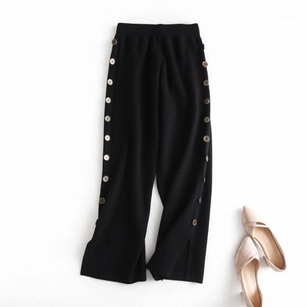 

deat] 2020 spring autumn new fashion tide straight high waist solid color personality button loose knitting women pants 13u6661, Black;white