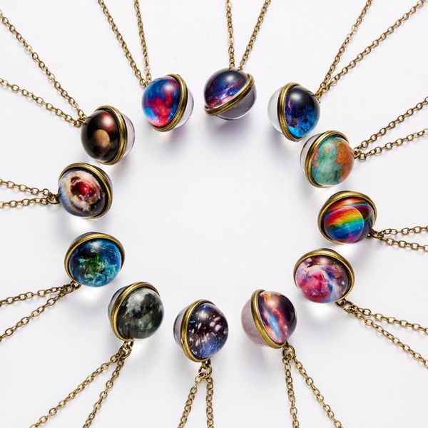 

pendant necklaces vintage galaxy double sided necklace glow in the dark universe planet jewelry glass art picture for women men, Silver