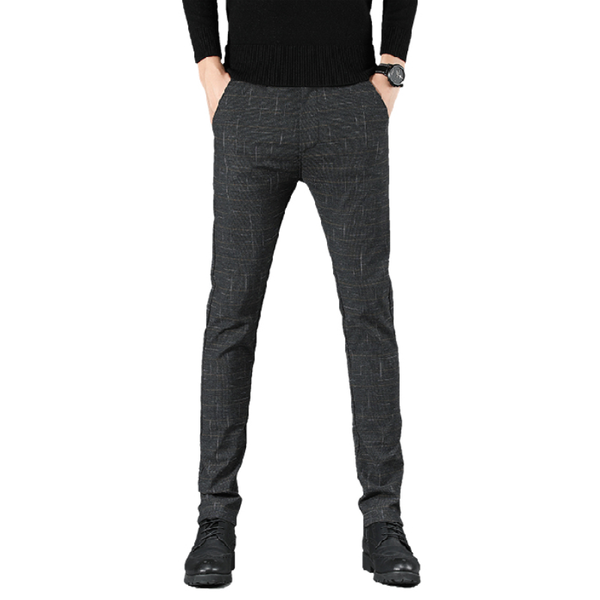 

men's pants casual checked business slim fit dark gray classic style stretch brand clothing, Black