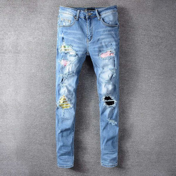 

2021brand mens distressed ripped jeans straight motorcycle biker jeans causal denim pants streetwear style men hip hop men jeans, Blue