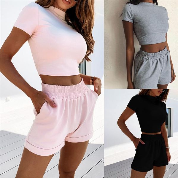 

women's 2-piece outfit set cozy sport fitness set solid color round neck crop short sleeve short high waist pants, Gray