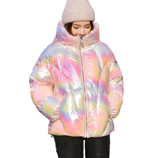 

2020 new autumn winter reflect jacket hooded women ins coat loose cotton-padded short jackets female parka plus size overcoat1, Black