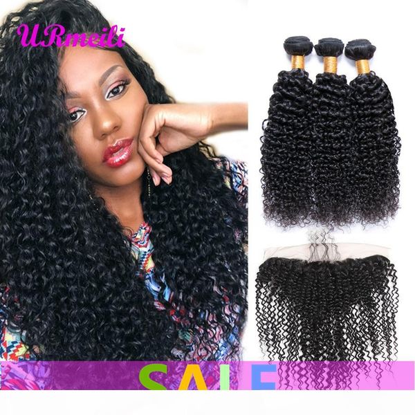 

urmeili curly human hair bundles with lace frontal brazilian hair kinky curly virgin human hair weave 3 4 bundles with lace frontal closure, Black;brown