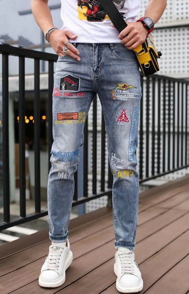 

new clothing pants men women print destroyed mens slim denim straight biker mens skinny jeans mens ripped jeans, Blue