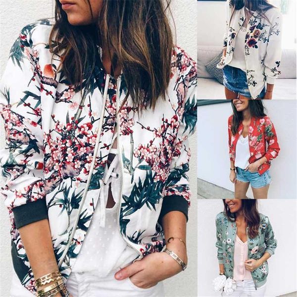 

women floral printed long sleeve zip up coat biker retro coat bmf881, Black;brown