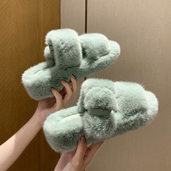 

winter new fashion slipper women solid flock furry slides for women add velvet to keep warm house slippers fur slippers female x1020, Black