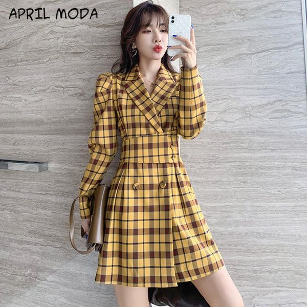 

2020 new arrival women plaid suit dresses collar double-breasted half puff sleeves mini dress vintage modis vestidos, Black;gray