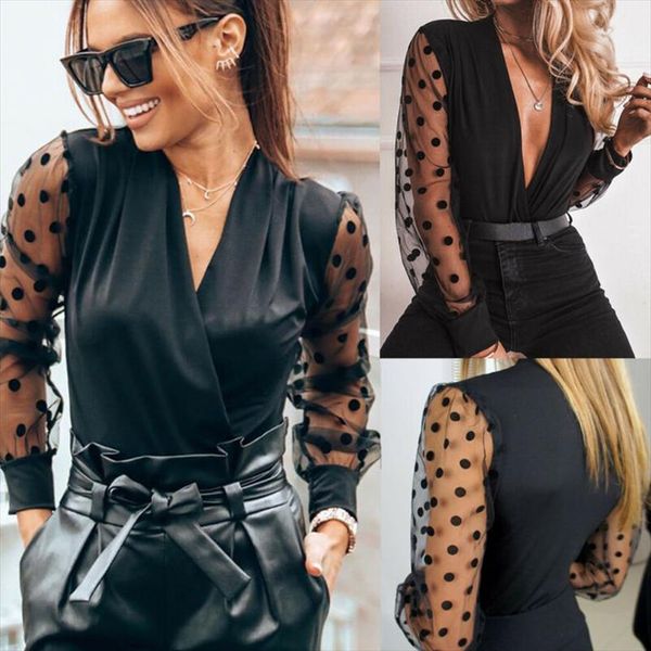 

vogue casual women deep v neck mesh polka dot long sheer sleeve fashion females blouses streetwear shirt black clubwear, White