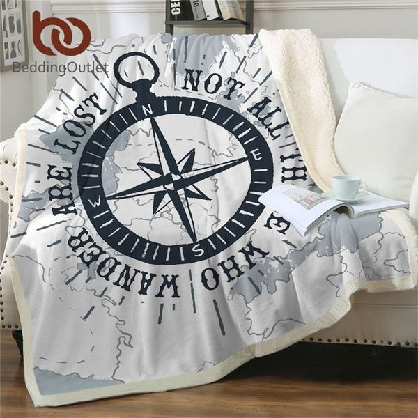 BeddingOutlet Bussola Coperta da tiro Mappa nautica Copriletto fresco Mappa del mondo Coperta in pile Sherpa peluche bianco per divano letto 150x200 201222