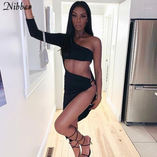 

nibber one shoulder hollow out slit midi dresses for women 2021 summer bodycon elegant backless evening club party dresses1, Black;gray