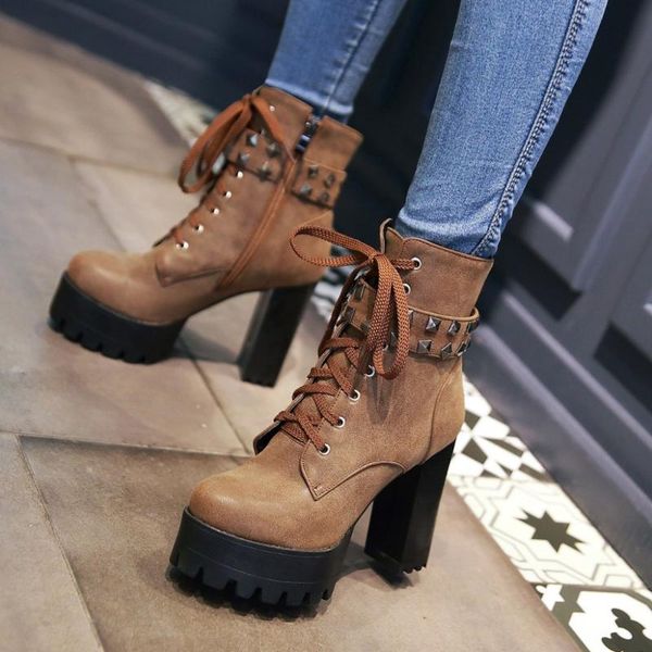 

boots alionashoo black platform ankle women bototos mujer round toe chunky heels high large sizes 14 48