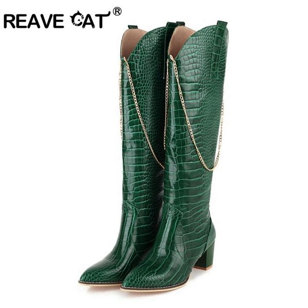 

reave cat winter cowboy knee-high boots pointed toe 6cm chunky heel pu slip-on solid chains big size 35-48 green work c2048, Black