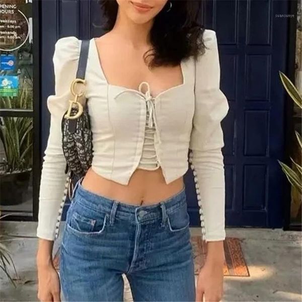

vintage square neck long sleeve blouses shirts 90s cool girls streetwear summer lace up crop 2020 blusas1, White
