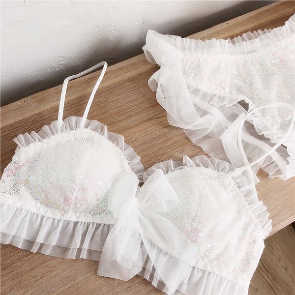 

wriufred mermaid dream sequins mesh retro underwear suit wire bow bra set high-end luxury romantic lingerie sets c1211, Black;white