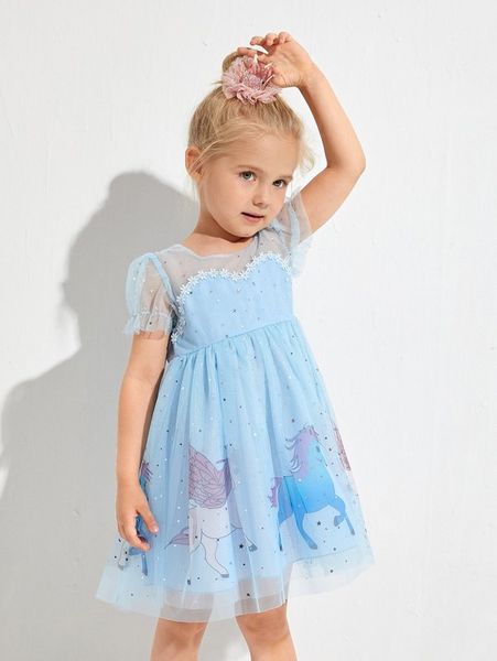 

toddler girls unicorn print mesh dress she, Red;yellow