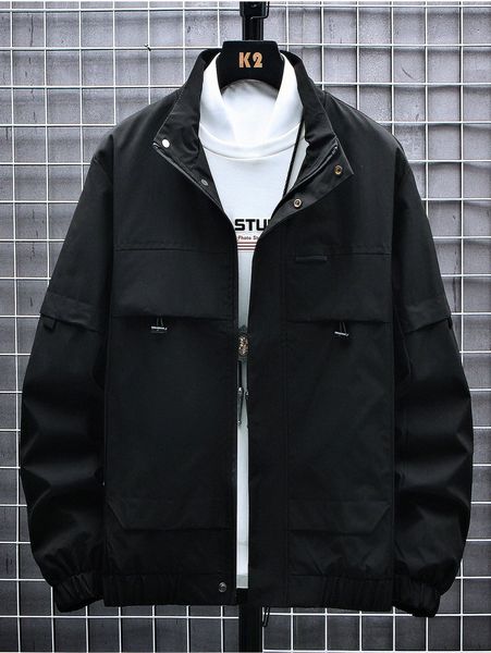 

men solid flap pocket zip front jacket 42vn#, Black;brown