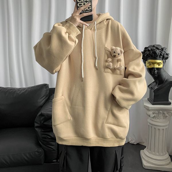 

2021 new autumn winter hoodies style loose personality jacket with hoodie bear male velvet black lovers ytl0