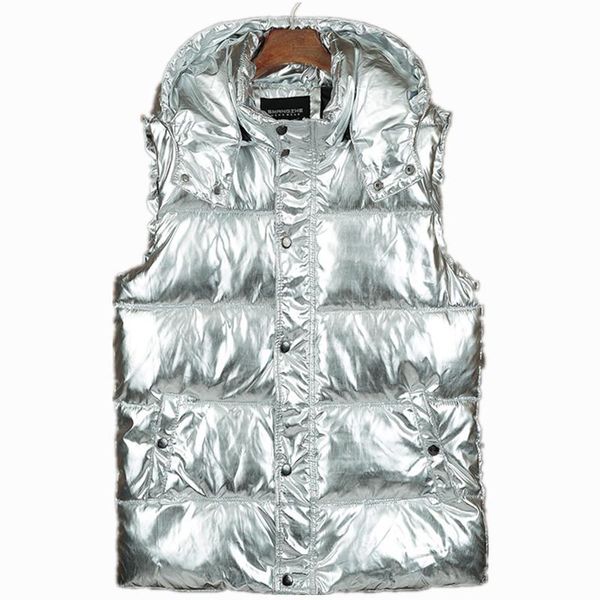 

new glossy vest men winter sleeveless jackets gold silver casual solid thick warm vests hooded coats male waistcoat jackets, Black;white
