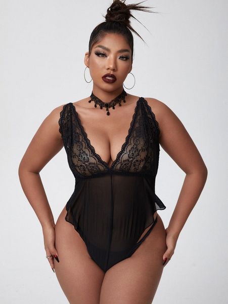 

plus contrast lace mesh teddy bodysuit i0kz#, Black;white