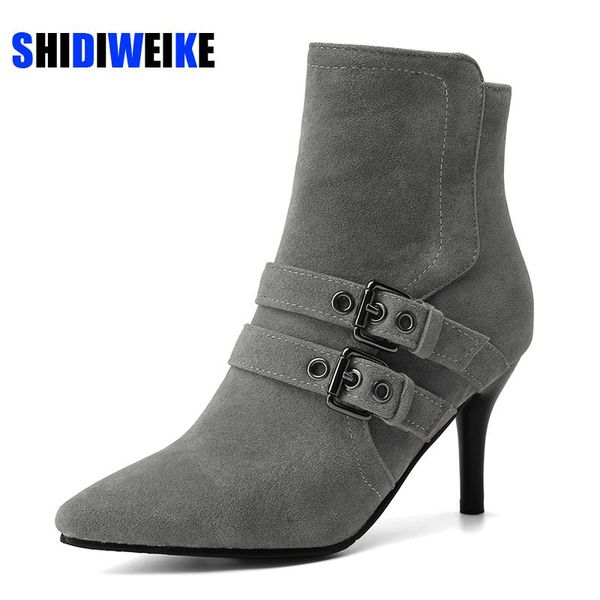 

2020 european new design suede women shoes pointed toe elegant female ankle boots little heel double buckle boots ab915, Black