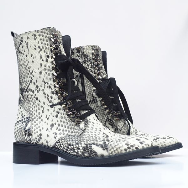 

metal chain autumn ladies lace up to martin women's python leather heel down side zipper street punk fashion boots 3hl3, Black